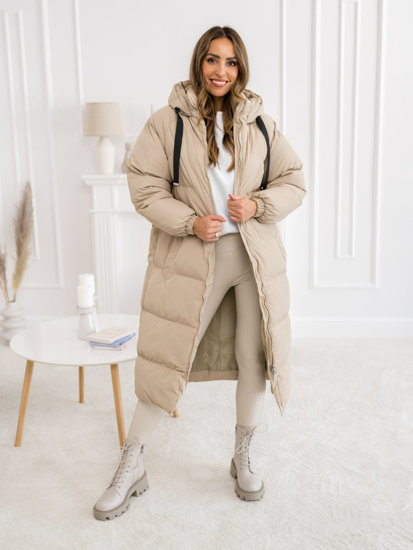 Femme Veste d'hiver matelassée longue à capuche Beige Bolf 5M3163