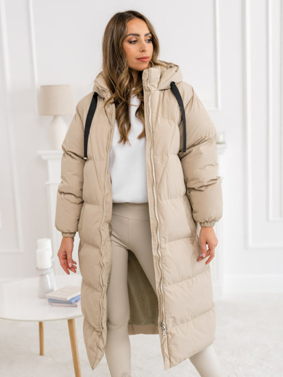 Femme Veste d'hiver matelassée longue à capuche Beige Bolf 5M3163