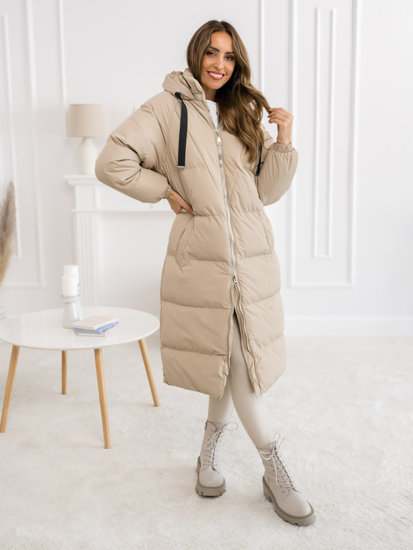 Femme Veste d'hiver matelassée longue à capuche Beige Bolf 5M3163