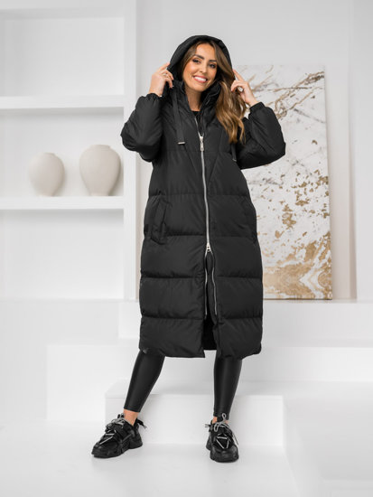 Femme Veste d'hiver matelassée longue à capuche Noir Bolf 5M3163