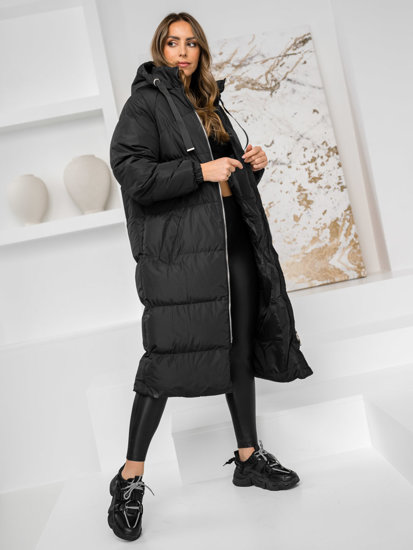 Femme Veste d'hiver matelassée longue à capuche Noir Bolf 5M3163