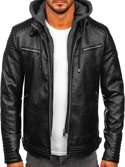 Homme Blouson en cuir à capuche chaud Noir Bolf 11Z8063