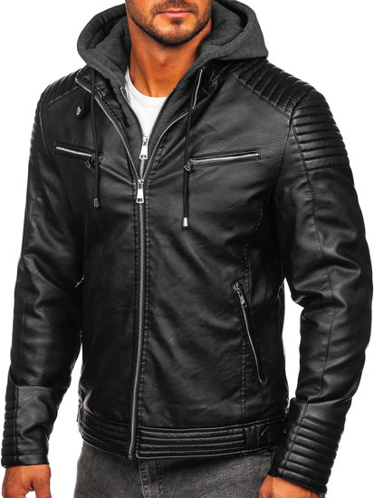 Homme Blouson en cuir à capuche chaud Noir Bolf 11Z8063