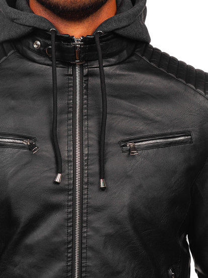 Homme Blouson en cuir à capuche chaud Noir Bolf 11Z8063