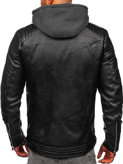 Homme Blouson en cuir à capuche chaud Noir Bolf 11Z8063