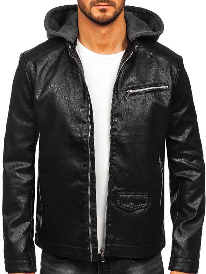 Homme Blouson motard en cuir à capuche Noir Bolf 11Z8022