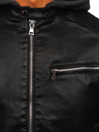 Homme Blouson motard en cuir à capuche Noir Bolf 11Z8022