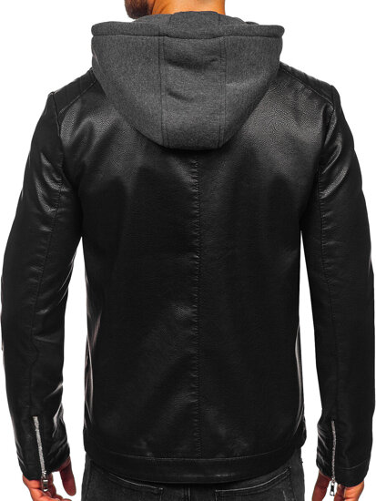 Homme Blouson motard en cuir à capuche Noir Bolf 11Z8022