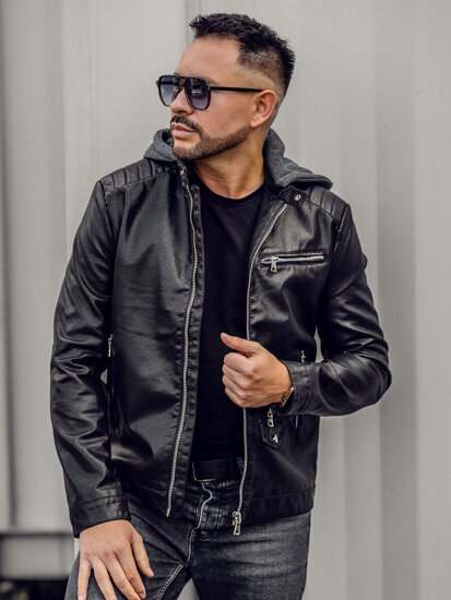 Homme Blouson motard en cuir à capuche Noir Bolf 11Z8022