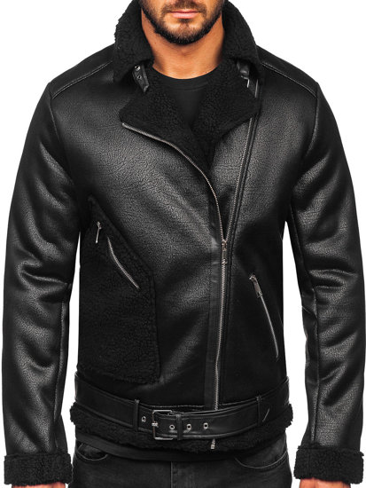 Homme Blouson motard en cuir avec peau de mouton Noir Bolf 11Z8006