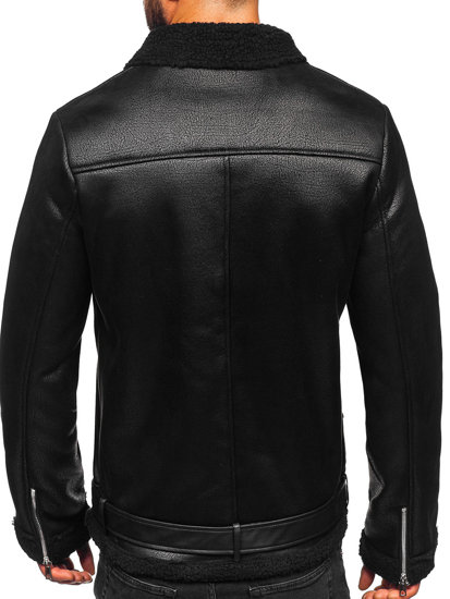 Homme Blouson motard en cuir avec peau de mouton Noir Bolf 11Z8006