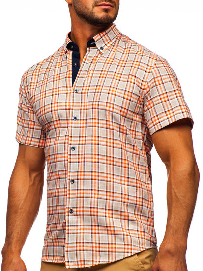 Homme Chemise à carreaux avec les manches courtes Orange Bolf 201501