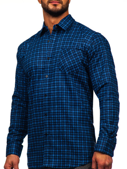 Homme Chemise de flanelle à manches longues à carreaux Bleu foncé-Bleu Bolf F5