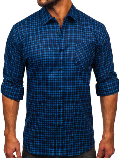 Homme Chemise de flanelle à manches longues à carreaux Bleu foncé-Bleu Bolf F5