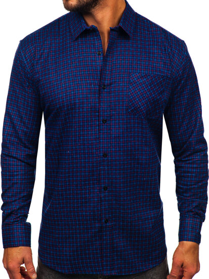 Homme Chemise de flanelle à manches longues à carreaux Bleu foncé Bolf F5