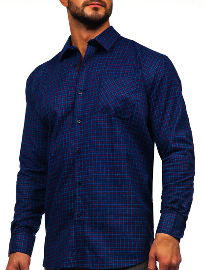 Homme Chemise de flanelle à manches longues à carreaux Bleu foncé Bolf F5