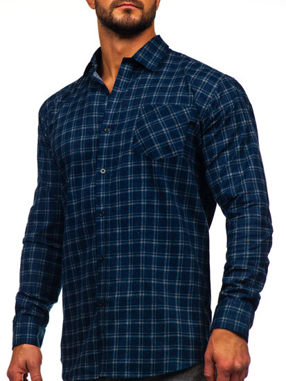 Homme Chemise de flanelle à manches longues à carreaux Bleu foncé Bolf F6