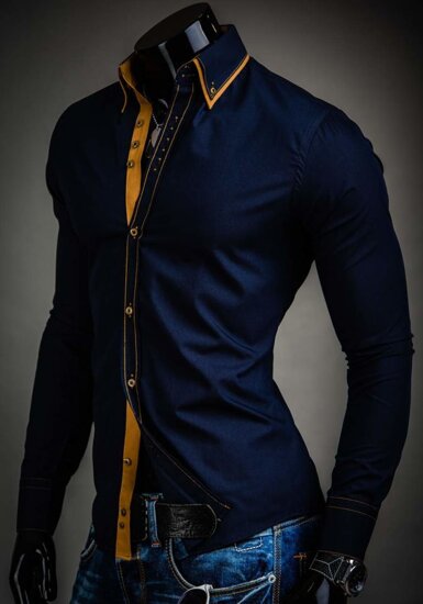 Homme Chemise élégante à manche longue Bleu foncé Bolf 3703A