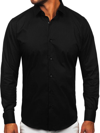 Homme Chemise élégante à manches longues en coton slim fit Noir Bolf TSM14