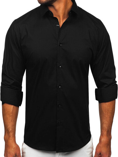 Homme Chemise élégante à manches longues en coton slim fit Noir Bolf TSM14