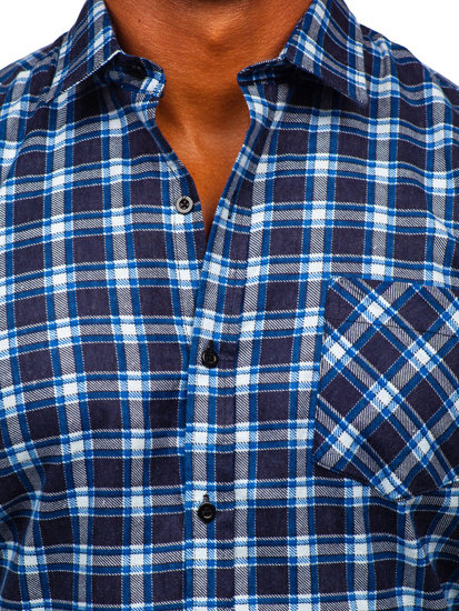 Homme Chemise en flanelle à carreaux à manche longue Bleu Bolf F3