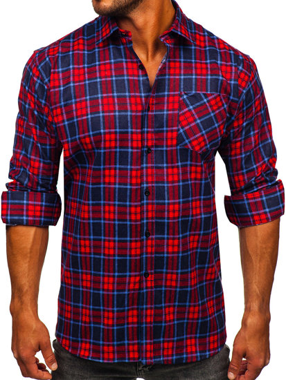 Homme Chemise en flanelle à carreaux à manche longue Rouge-Bleu foncé Bolf F3