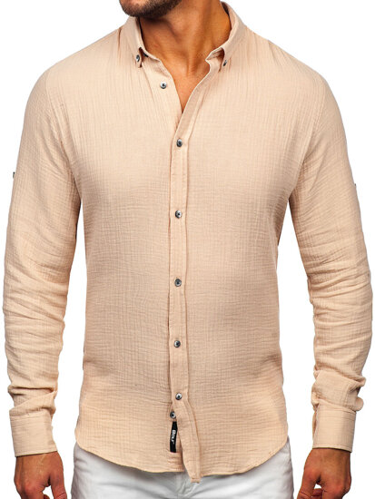 Homme Chemise en mousseline à manches longues Beige Bolf 22746