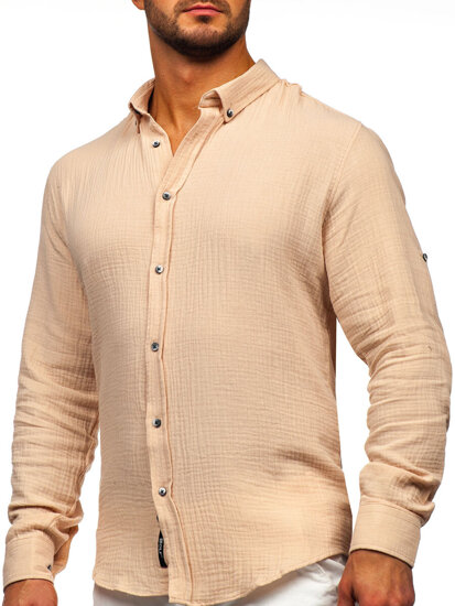 Homme Chemise en mousseline à manches longues Beige Bolf 22746