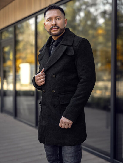 Homme Manteau d'hiver croisé avec col montant Noir Bolf 1048A2