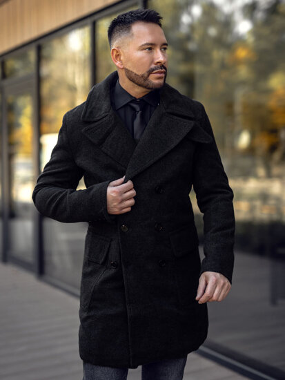 Homme Manteau d'hiver croisé avec col montant Noir Bolf 1048A2