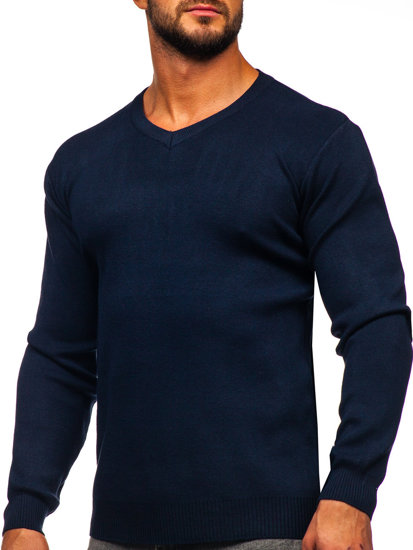 Homme Pull basic uni col V Bleu foncé Bolf S8533