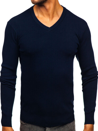 Homme Pull uni col V Bleu foncé Bolf H2405