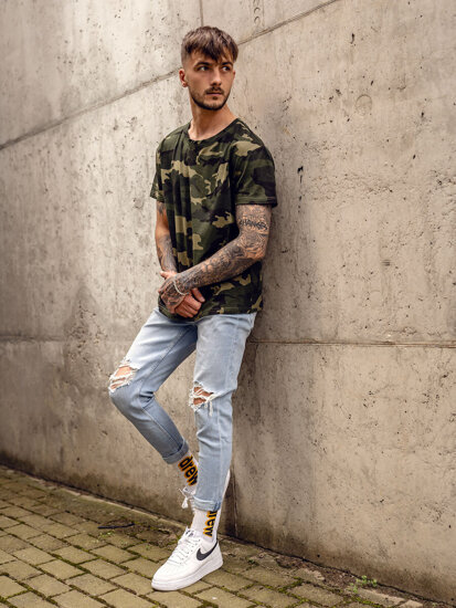 Homme T-shirt à imprimé camo Khaki Bolf S807A1