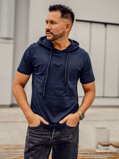 Homme T-shirt basic en coton à capuche Bleu foncé Bolf 14513A