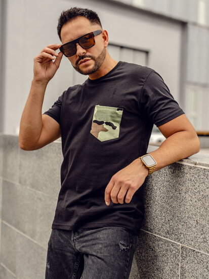 Homme T-shirt camouflage imprimé en coton avec poche Noir Bolf 14507A