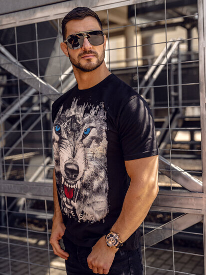 Homme T-shirt imprimé en coton Noir Bolf 14801A