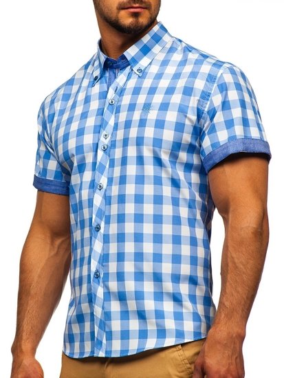 La chemise à carreaux avec les manches courtes pour homme bleue claire Bolf 6522