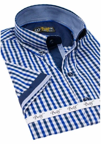 La chemise à carreaux avec les manches courtes pour homme bleue moyenne Bolf 4510