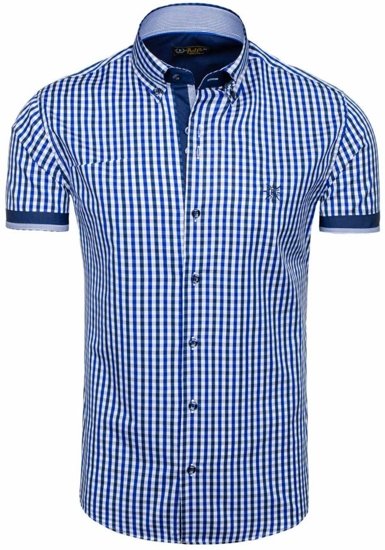 La chemise à carreaux avec les manches courtes pour homme bleue moyenne Bolf 4510