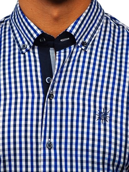 La chemise à carreaux avec les manches courtes pour homme bleue moyenne Bolf 4510