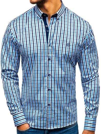 La chemise à carreaux vichy avec les manches longues pour homme bleue claire Bolf 4712