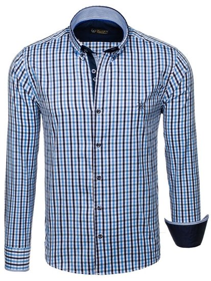 La chemise à carreaux vichy avec les manches longues pour homme bleue claire Bolf 4712