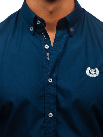 La chemise élégante avec les manches longues pour homme bleue foncée Bolf 2772