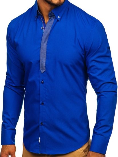 La chemise élégante avec les manches longues pour homme bleue moyene Bolf 3725