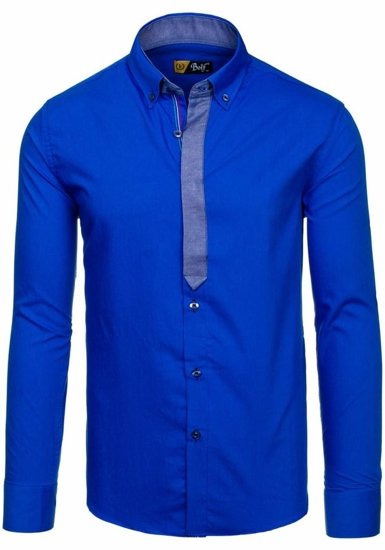 La chemise élégante avec les manches longues pour homme bleue moyene Bolf 3725