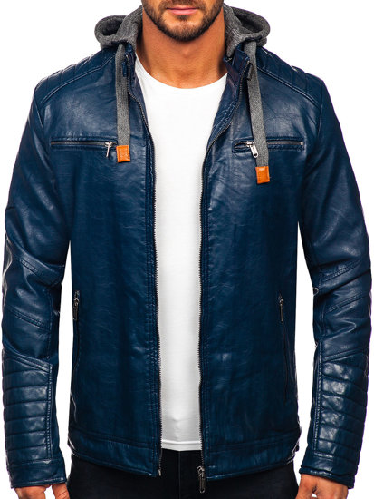 Le blouson en cuir pour homme bleu foncé Bolf ex702