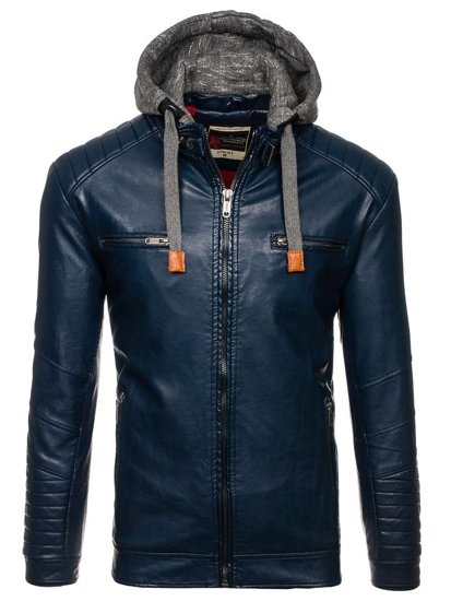 Le blouson en cuir pour homme bleu foncé Bolf ex702