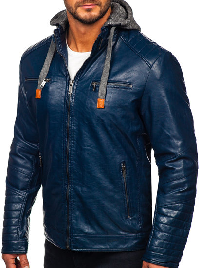 Le blouson en cuir pour homme bleu foncé Bolf ex702