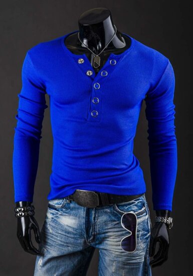 Le t-shirt manches longues sans imprimé pour homme bleu moyen Bolf 145362