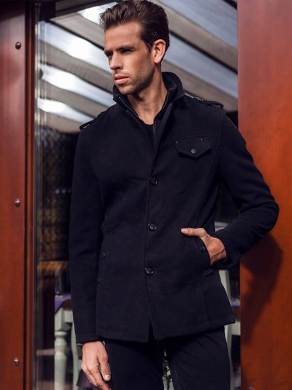 Manteau à boutonnage simple pour homme avec un col haut noir Bolf 8853F